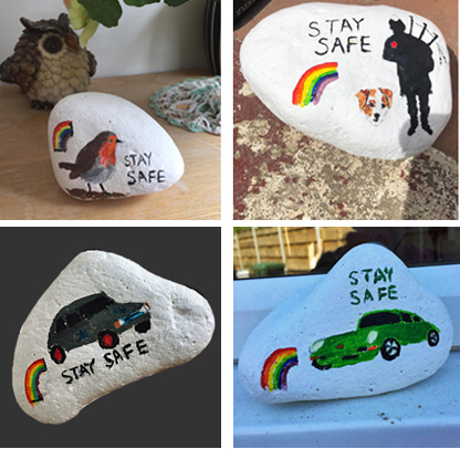 4 stones painted with a robin, a piper, a grey car, a green car